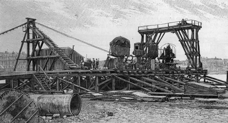 Byggandet av Mirabeau-bron i Paris (1893): servicebron (från ett fotografi). Gravyr i "" Nature: granskning av vetenskaperna och deras tillämpningar på konst och industri "" av 3 februari 1894.