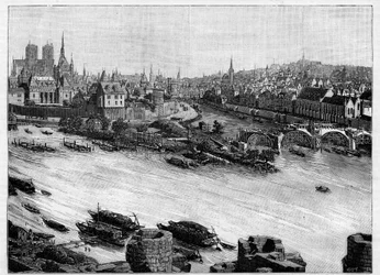 Byggandet av Pont Neuf i Paris passerar genom Square du Vert-Galant i slutet av Ile de la Cite. De första verken 1578. Gravyr i "" Le Monde illustrious""