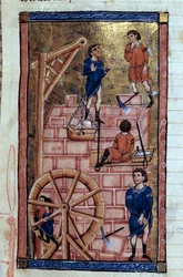 Byggandet av Babelstornets miniatyr från ett manuskript "Universal History""" runt 1200-talet. Dijon kommunala bibliotek