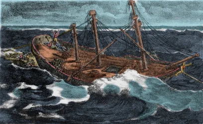 Byggandet av flotten från fregatten ”Meduse”, som förliste den 02/07/1816 på Arguinbanken nära Mauretaniens kust. Gravyr från 1800-talet