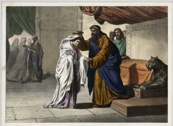 Esters kröning: Den persiske kungen Ahasveros I (Xerxes I) kröner sin hustru Ester. Anonym gravyr från 1800-talet.