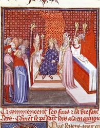 Kröningen av Ludvig den helige (1214-1270) år 1226. Miniatyr ur Jean Froissarts (1337-1400) "Frankrikes stora krönikor", 1300-talet. Chantilly, Musée Condé
