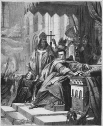 Kröningen av Vilhelm I Erövraren (1027 till 1087) år 1066. Hertig av Normandie (1035 - 1087) och kung av England (1066 - 1087). Gravyr från 1800-talet.