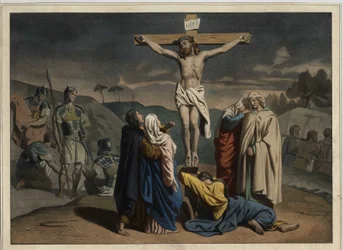 Kristi korsfästelse. Inskriptionen "" INRI"" på korset. Anonym gravyr från mitten av 1800-talet.