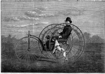 Cynoferen: velociped som drivs av hundar. Uppfinning från slutet av 1800-talet. Gravyr i "The Illustrious Universe"" av den 6 maj 1876.