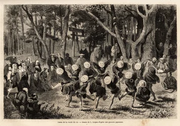 Risrundans dans, som äger rum den 10:e månaden på året, relaterar till spannmålsgrödor. Gravyr för att illustrera resan till Japan, av Aime Humbert, minister för Schweiziska edsförbundet, 1863-1864, publicerad i "" le tour du monde", und