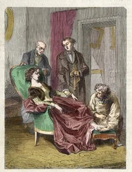 Hannah Greeners död orsakad av inandning av för mycket kloroform (anestesi) - 1848 - Hannah Greener, en 15-årig flicka, avlider av synkope under en kloroformbedövning som gavs för att operera en nageltrång - gravyr