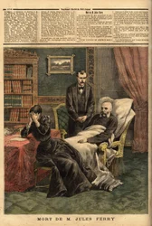 Död Jules Ferry (1832-1893), en republikansk politiker, försvarare av Laique-skolan och en anhängare av kolonial expansion. Gravyr i "" Le petit journal"" 1893-04-01. Selvas samling.