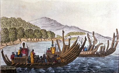 Avdelningen för polynesier för Stilla havet ombord på kanoter med dubbelskrov. Litografi från början av 1800-talet