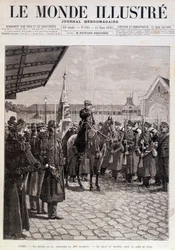 Avgången för kompaniet av 200:e regementet. Hälsning till flaggan i Gare de Lyon. ""Den illustrerade världen"". 1895-03-23. Teckning.