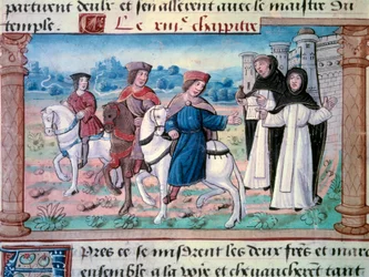 Bröderna Nicolo och Matteo Polos avgångar, far och farbror till unge Marco Polo (1254-1324) med den unge mannen omkring 1271. Miniatyr hämtad från "" The Book of Wonders""" ("" Devisement du monde", "" Il Milione”) av Marco Polo (1254-1324) 1298 Bibl