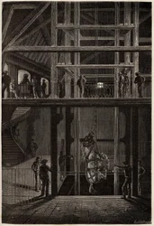 Nedstigningen av en häst i Creusot-gruvorna, använd i underjordiska tunnlar för transport av kolvagnar. Gravyr för att illustrera en resa till Creusot och gruvorna i Saone och Loire, 1865, av L. Simonin, i "" Le tour du monde, nouveau journal des