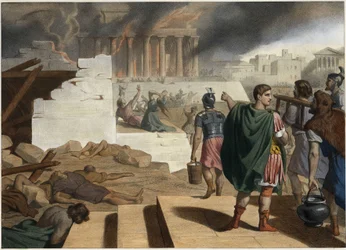 Förstörelsen av templet och staden Jerusalem år 70 av den romerske kejsaren Titus (40-81). Anonym gravyr från mitten av 1800-talet.