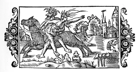 Djävulen bär en häxa - i "History of the Northern Nations" av Olaus Magnus, Rom 1555