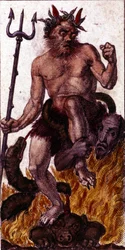 Djävulen avbildad på en tarotkarta från 1840.