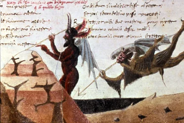 Djävlarna i en helvetescirkel efter en handskriven upplaga av Divina Commedia (Gudomlig komedi) av Dante Alighieri (1265 - 1321) från 1300-talet. Bibl.Trivulziana Milano.