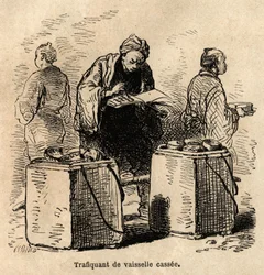 Den smutsiga diskhandlaren. Gravyr för att illustrera resan till Japan, av Aime Humbert, minister för Schweiziska edsförbundet, 1863-1864, publicerad i "" le tour du monde"", under ledning av Edouard Charton, Hachette, Paris 1869. Selva Collection.