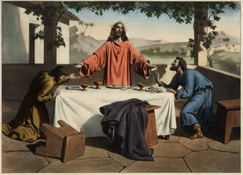 Lärjungarna till Emaus (Emmaus) möter den uppståndne Kristus på påskkvällen, som delar bröd. Anonym gravyr från mitten av 1800-talet.