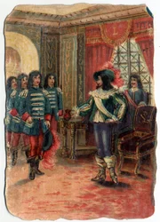 Oenigheten mellan de tre musketörerna och kardinal Jules Mazarins vakt (Giulio Raimondo Mazzarino eller Mazarino) (1602-1661). Kromolitografi av 1800-talet.