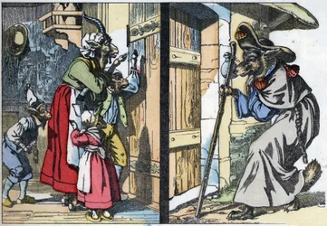 Förklädnadsvargen knackar på dörren till huset med bocken och biketterna. Illustration av berättelsen "Compere le Loup, Maitre Renard, Comere la Chevre et ses petits biquets"" efter en fabel av Jean de la Fontaine. I "" Sagor från hemmet för de små