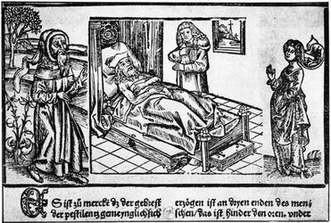 Pestiferens läkare i sängen, trägravyr av "Liber pestilentialis" av Jérôme Brunschwig, Strasbourg
