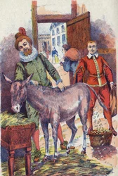 Åsnan med guld ecus. Illustration till berättelsen "" Åsneskinn" av Charles Perrault (1628-1703), fransk författare. Anonym illustration. Bildmaterial Marcel Vagne, Jarville Nancy, odaterat (slutet av 1800-talet).