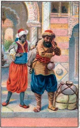 Dörrfaxen. Sinbads (Sindbad) sjömannens underbara äventyr. Populär berättelse om 1001 nätter (tusen och en natt). Kromolitografi från slutet av 1800-talet.