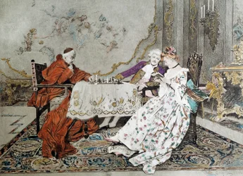 Den dubbla delen En kardinal utkämpar ett schackspel mot en ung man deltar i ett förförelsespel med en ung kvinna nära honom. Illustration av 1800-talet. Paris, Dekorativ konst