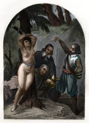 Cevennernas dragonnader under Ludvig XIV (1643-1715), förföljelse av protestanter. Gravyr från 1842 i "Histoire des popes"" av Maurice Lachatre. Privat samling.