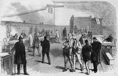 Valet i Paris 1869: distribution av valkartor till stadshuset i Montmartre. Gravyr från 1869.