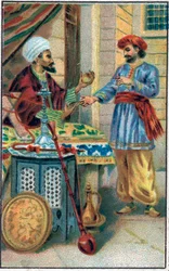 Det förtrollade äpplet. Prins Ahmeds historia och avgiften Paris-Banou (Pari Banou) (Paribanu). Saga om 1001 nätter (sagor om tusen och en natt). Kromolitografi från slutet av 1800-talet.