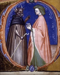 Mötet med demonen. 1300-talsmanuskript. Biblioteca comunale di Rimini
