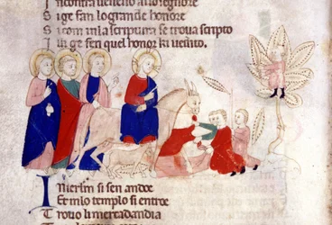 Kristi inträde till Jerusalem. 1300-tals miniatyr.