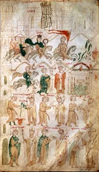 Henrik VI av det Tysk-romerska riket (1165-1197) tågar in i Rom och kröns till kejsare den 14/04/1191 av påve Celestinus III. Sida ur ”Liber ad honorem Augusti” av Pietro da Eboli (Peter av Eboli) - (kodex 120, fol. 105), 1200-talet, Burgerbibli
