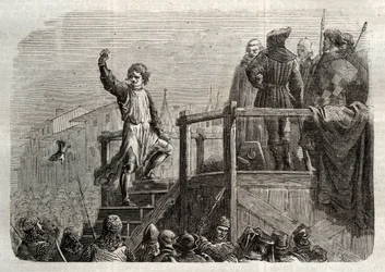Avrättningen av Conradin (eller Conrad av Hohenstaufen) kung av Sicilien och hertig av Schwaben (1252-1268) på order av Karl av Anjou efter slaget vid Tagliacozzo 1268” (Avrättning av Conradin (eller Conrad den yngre), sista Staufer kung av Sicilien, efter