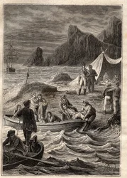 Expeditionen till de södra länderna (1800-1803) av Nicolas Baudin (1754-1803): de sjuka av skörbjugg transporterades i land i Bay of Adventure (Tasmanien, Australien) - illustration hämtad från "The Great Mariners of the 18th century" ”