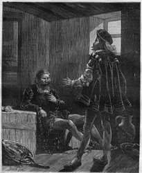 Upptäckaren och navigatören Christopher Columbus (Christopher Columbus, Cristoforo Colombo, Cristobal Colon) (1451-1506) som återvänder från sin tredje resa är kedjad i lastrummet