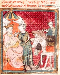 Riddaren Rolands farväl, till hans farbror Karl den Store (742-814) Miniatyr från "" Grandes Chronicles de France"" 1375-1379 Stadsbibliotek, Castres