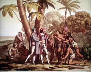 De första indianerna som visade sig för Christofer Columbus vid hans ankomst till Amerika, - i ”Den gamla och moderna dräkten” av Jules Ferrario