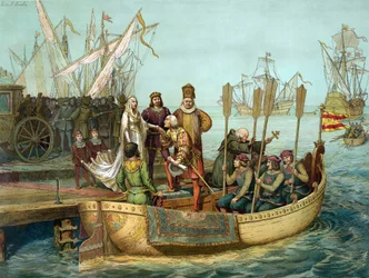 Den första resan: Christofer Columbus hälsar på drottning Isabella av Kastilien i hamnen i Palos före avresan 1492. Gravyr, 1800-talet