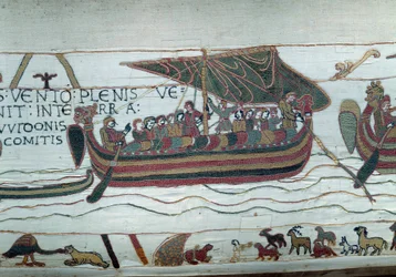 Harolds flotta, som kom för att informera hertigen av Normandie Vilhelm Erövraren (1027-1087) att han kommer att bli efterträdare till Englands krona vid Edoaurd Bekännarens död, fångas i det storm som kastar den på kusterna av greve Guy de P