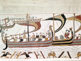Vilhelm I Erövrarens flotta (1027 - 1087) på väg till England - Bayeux gobeläng, känd som Broderi av drottning Mathilde
