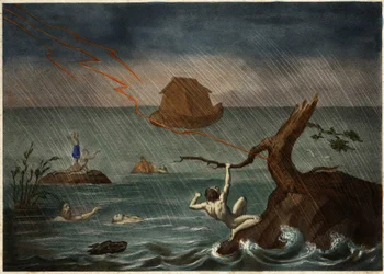 Floden med Noaks ark i fjärran. Anonym gravyr från mitten av 1800-talet.