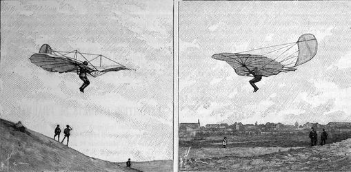 Otto Lilienthals (1848-1896) flygande flygplan, tysk flygpionjär, i två olika positioner (från ett ögonblickligt fotografi). Gravyr i "" La Nature: revue des sciences et de leurs applications aux arts et a l