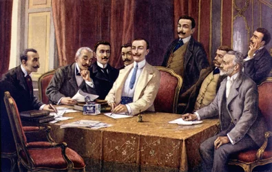 Grundarna av Fiat av L. Delleani (1840 - 1908). Från vänster (sittande): greve Bisometti, advokat Racca, greve Bricherasso, Ceriana, Giovanni Agnelli, advokat Scarfiotti, Ferrero och (stående) Luigi Damevino och advokat Goria Gatti. Sd. sent 1800-tal