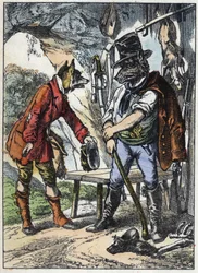 Räven och vargen. Illustration av berättelsen "God mamma får"". I "" Sagor från hemmet för de minsta"". Anonym gravyr från 1800-talet.