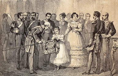 Den blivande drottningen av Spanien Isabella II (Isabella av Bourbon) (1830-1904) (Isabel II av Espana) dekorerar flaggan för spjuten av gardegardet av Saint Ferdinand Order (San Fernando). Litografi.