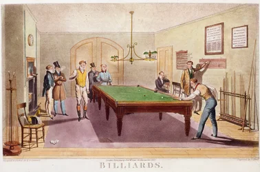 Spelet biljard. Gentilmän från det höga engelska samhället spelar biljard. Gravyr från 1827. Privat samling