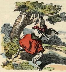 Geten, Little Chevy. Illustration av berättelsen "Bon medor och lilla Chevrette". I "" Sagor från hemmet för de minsta"". Anonym gravyr från 1800-talet.