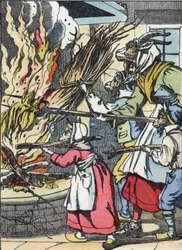 Geten och prydnadssakerna satte eld på skorstenen. Illustration av berättelsen "Compere le Loup, Maitre Renard, Comere la Chevre et ses petits biquets"" efter en fabel av Jean de la Fontaine. I "" Sagor från hemmet för de minsta"". Anonym gravyr